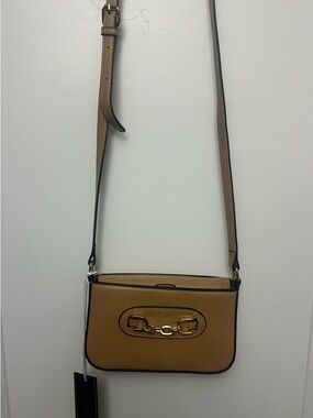 Women's Tan Leather Crossbody Bag with Gold Chain Accent